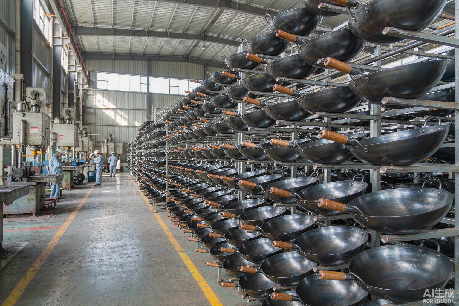 Rows of finished carbon steel woks on drying racks inside our cookware workshop