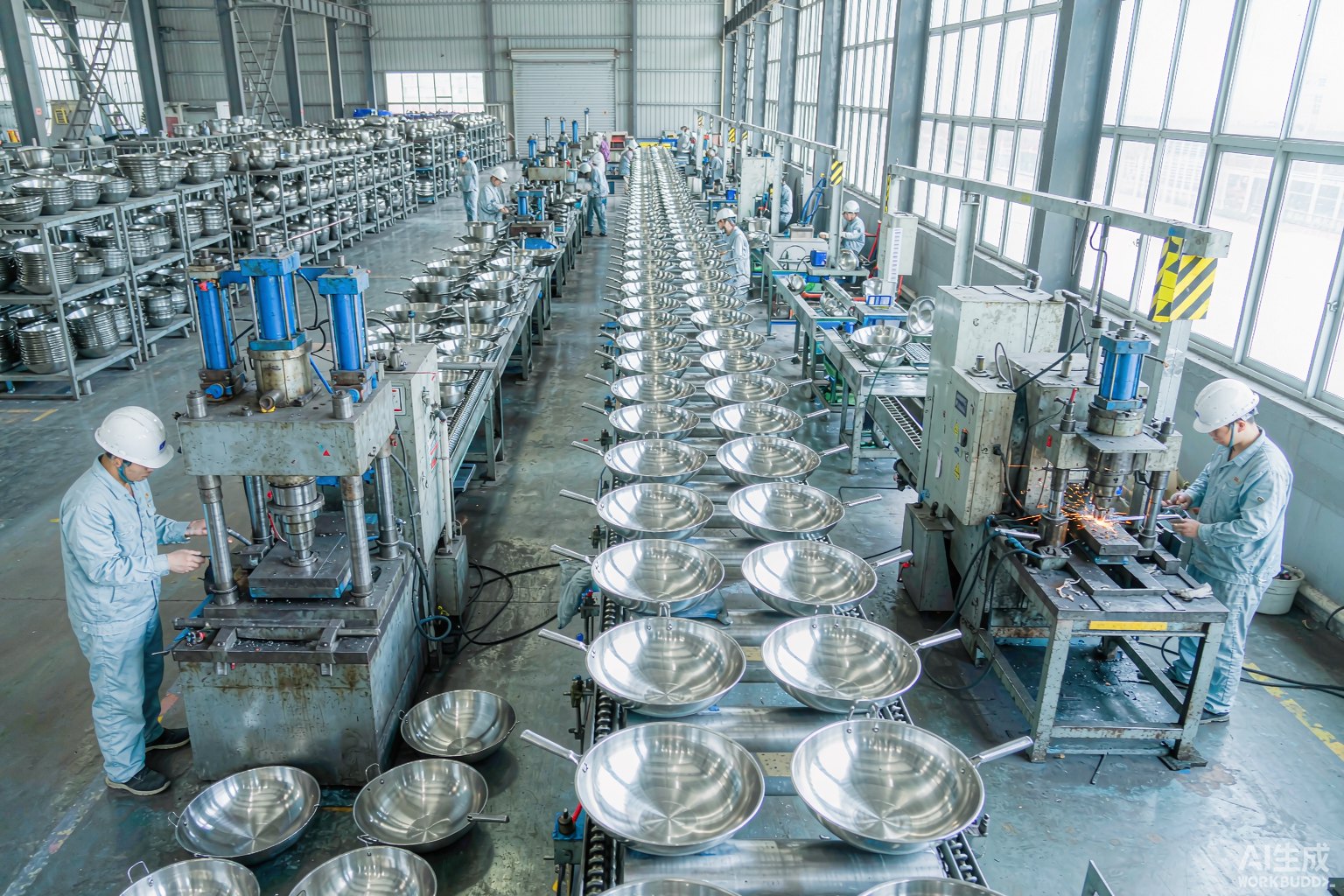 Pressing and forming line with rows of cookware in production