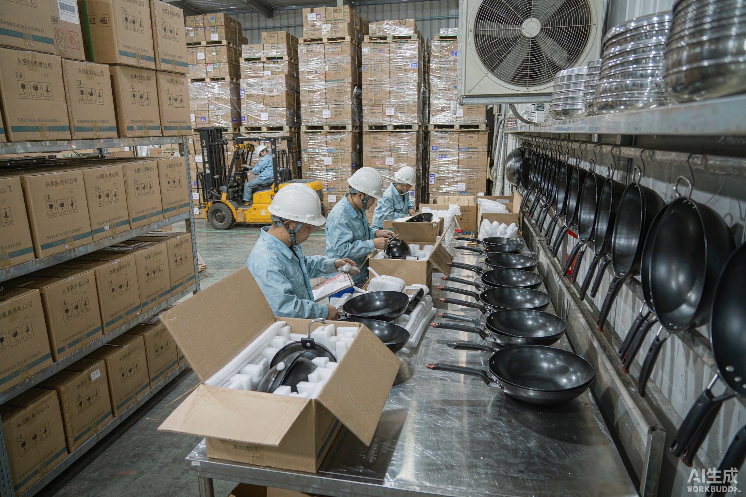 Workers packing cookware into export cartons in the finished-goods warehouse